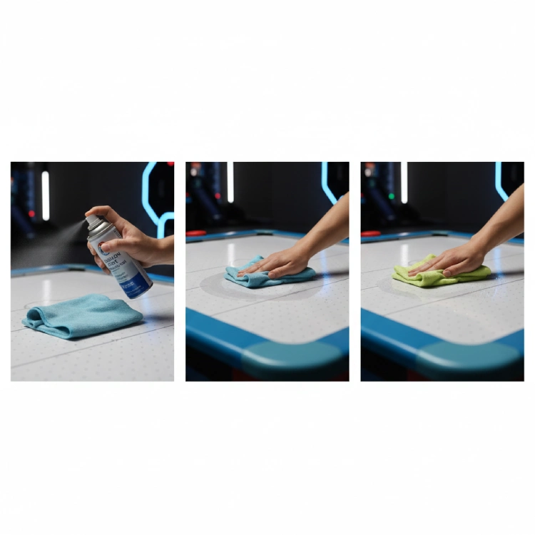 مراحل سه‌گانه واکس زدن و صیقلی کردن سطح میز ایرهاکی؛ اسپری روی دستمال، حرکت دورانی و خشک کردن نهایی